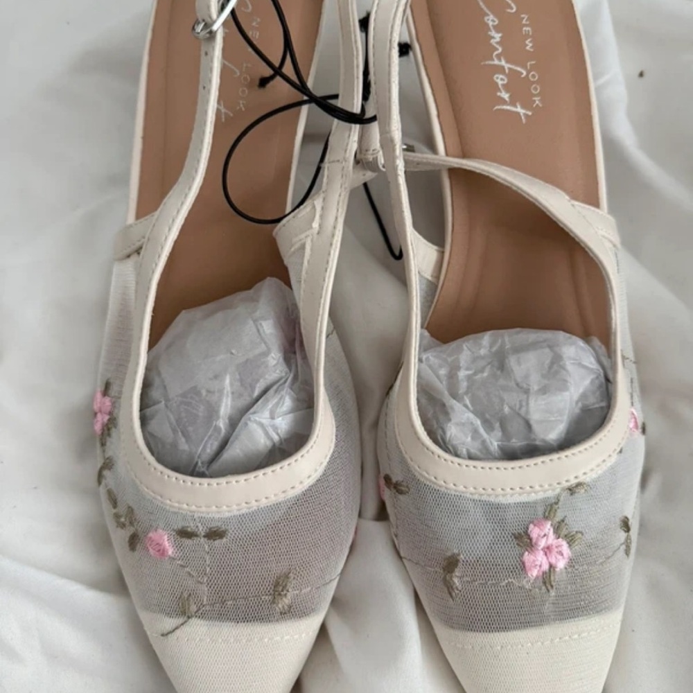 New Look Ivory and Pink Embroidered Heels